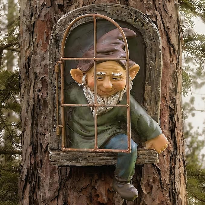 12" Real Gnome Tree Face Hugger Statue,Garden Decoration Climbing Decor Outdoor,Whimsical Fairy Door Tree Face Figurine Lawn Patio Decor,Funny Elves Peeker Sculpture Hanging Yard Art