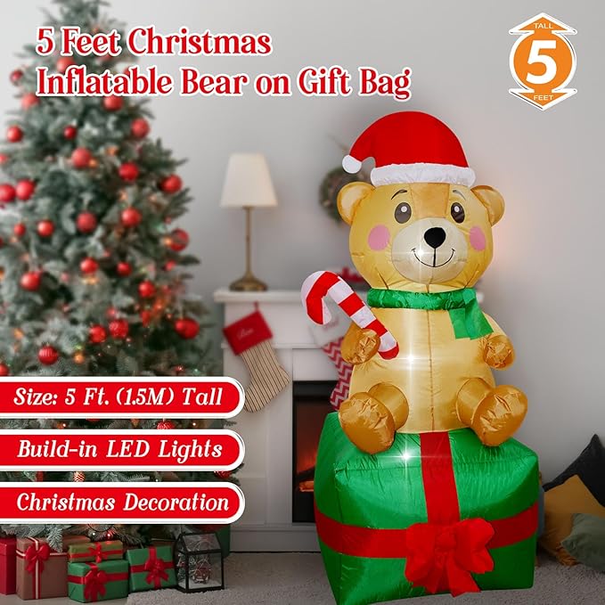 Christmas Inflatables Bear on Gift Box Lighted Yard Lawn Inflatable Decoration with Built-in Fan and Stakes Ropes Holiday Party Decor, Christmas Decor (5FT- Bear on Giftbox)