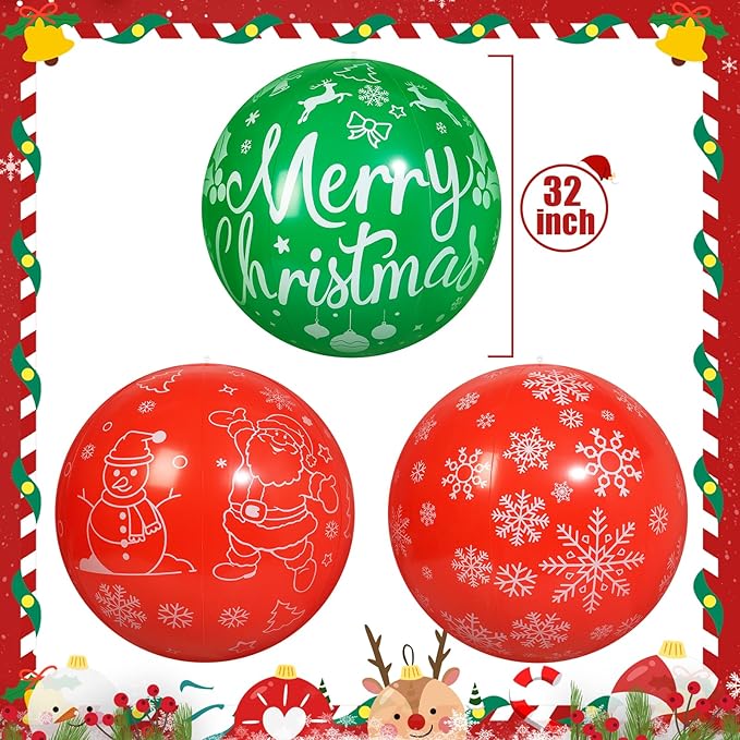 3 PCS 32 Inch Christmas Inflatable Balloons PVC Large Christmas Inflatable Outdoor Balls for Xmas Garden Lawn Yard Holiday Front Door Decoration