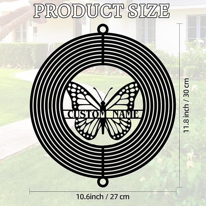 Personalized Wind Spinners Outdoor Butterfly, Custom Name Garden Wind Spinners, Hanging Outdoor Decor, Yard Art, Metal Hanging Wind Spinner for Indoor Lawn Patio Porch, Customized Gifts Color08