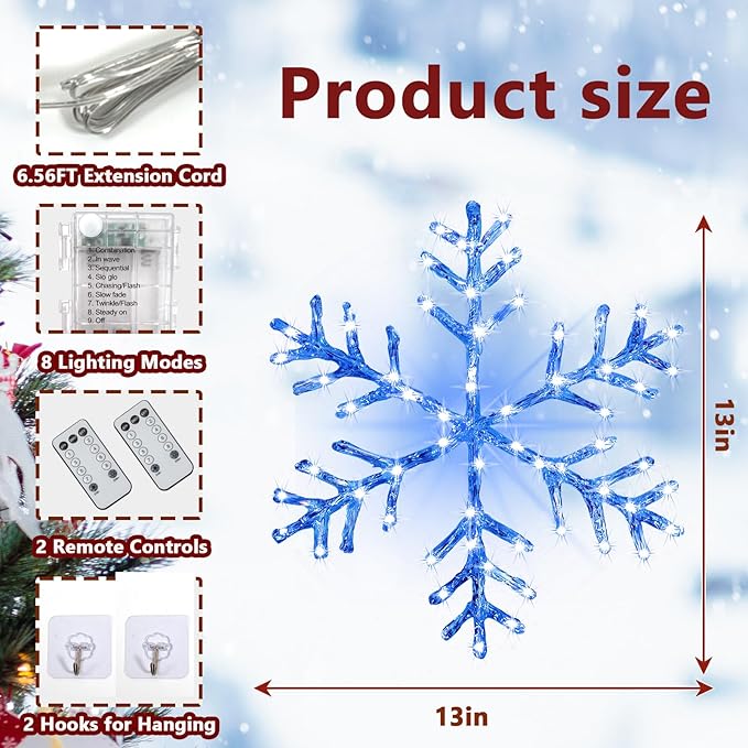 Christmas Window Snowflake Lights Decorations, Battery Operated Led Hanging Iron Lights, 8 Lighting Modes for Home Bedroom Indoor Outdoor Wall Holiday Decor (Blue, 4 Pack)