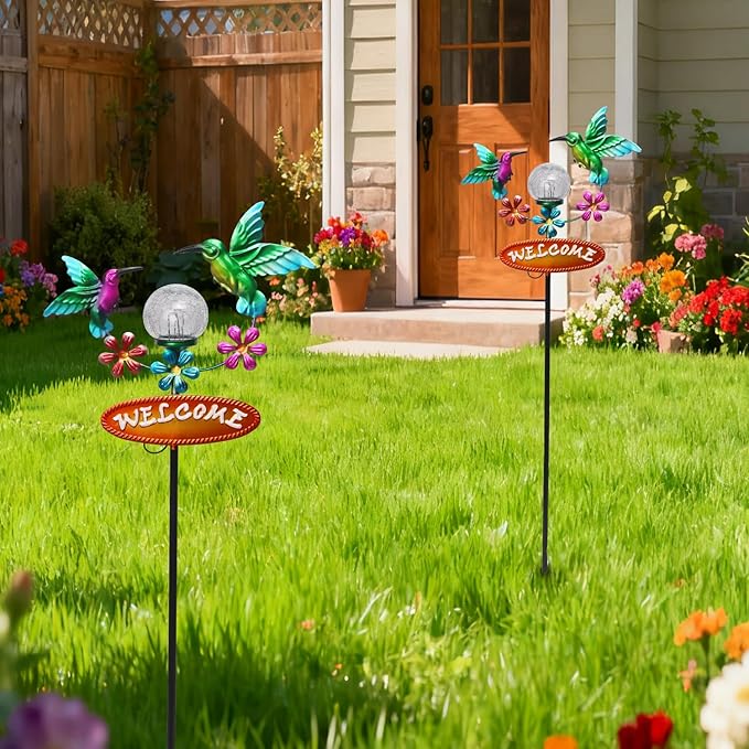 Solar Garden Stakes Metal Welcome Signs for Outside 29.7', 2 Flying Hummingbirds with Cracked Glass Ball,Decorative Garden Stakes for Lawn, Patio, Hummingbird Gifts for Women