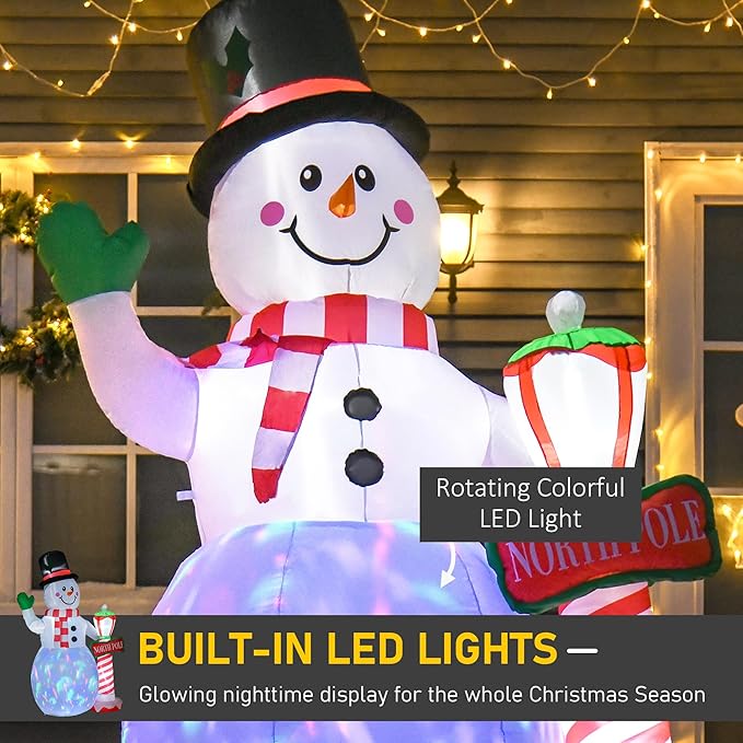 HOMCOM 8ft Christmas Inflatables Outdoor Decorations Snowman with North Pole Sign, Blow-Up Yard Christmas Decor with LED Rotating Colorful Lights Display