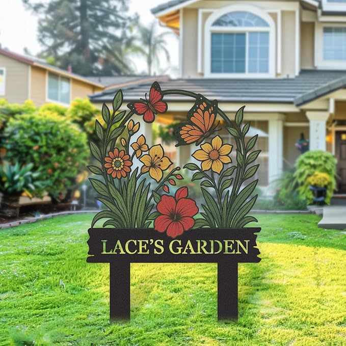 Personalized Garden Signs, Colorful Butterfly Garden Decor for Outside, Decorative Yard Stakes, Metal Yard Art, Patio Decor, Custom Last Name Sign, Lawn Art, Housewarming Gifts Color10