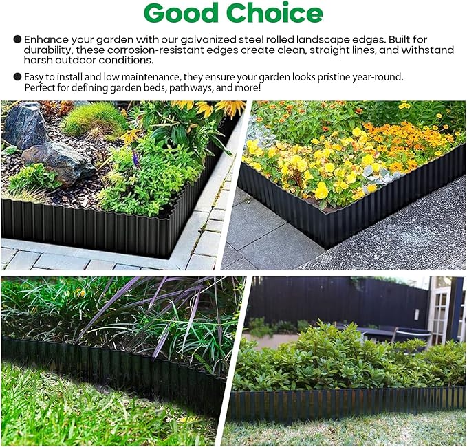 Corrugated Metal Garden Edging,Sturdy Tall Landscape Edging Borders with 6pcs Anchor Stakes, Perfect DIY for Flower Beds, Lawn and Pathway,Tree Surrounds,Paver Edges (Black 10"×20FT)