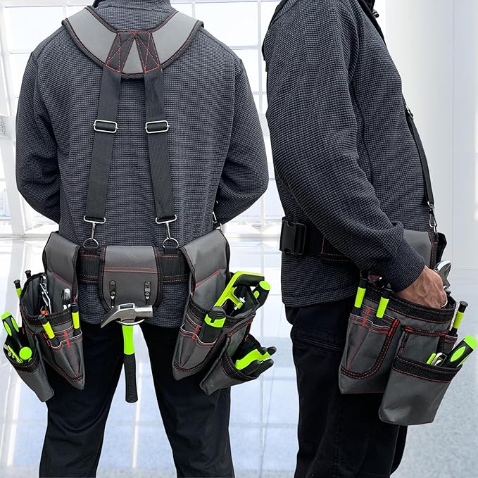 Tool Belt for Men, 32 to 66 Inches Adjustable Waist, Tool Belt with Suspenders for Electricians, Carpenters, Construction Workers and Gardeners, Grey and Red