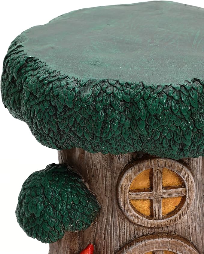 LuxenHome Gnome Garden Statue,17'' Tree House Statue, Outdoor Side Table, Plant Stand for Balcony, Gift, Large Garden Ornaments Yard Decor, Fairy House, Patio Side Table, Sculpture, Tree Stump