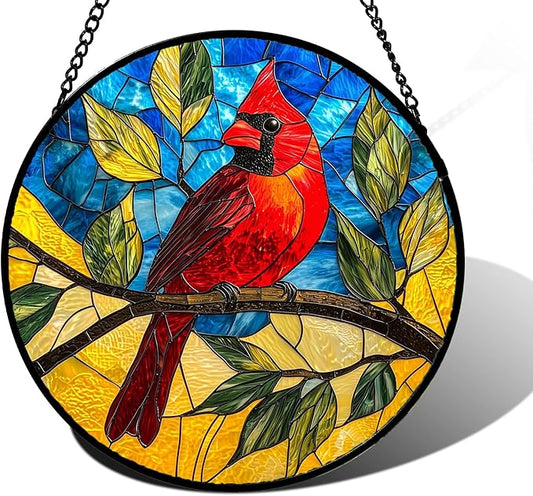 Stained Glass Window Hanging, Blue Sky Cardinal Sun Catchers Colorful Glass Panel Red Birds Suncatcher Decor for Birthday for Women, Men, Wife, Aunt, and Mom 9.8 in