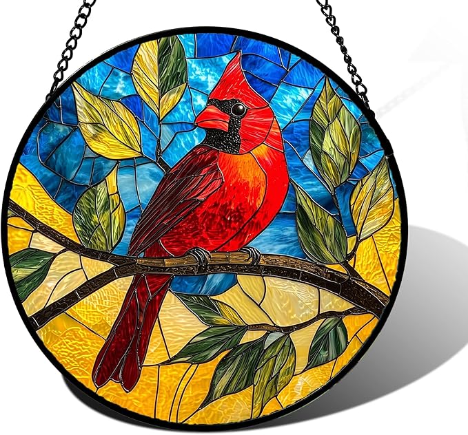 Stained Glass Window Hanging, Blue Sky Cardinal Sun Catchers Colorful Glass Panel Red Birds Suncatcher Decor for Birthday for Women, Men, Wife, Aunt, and Mom 11.8x11.8 in
