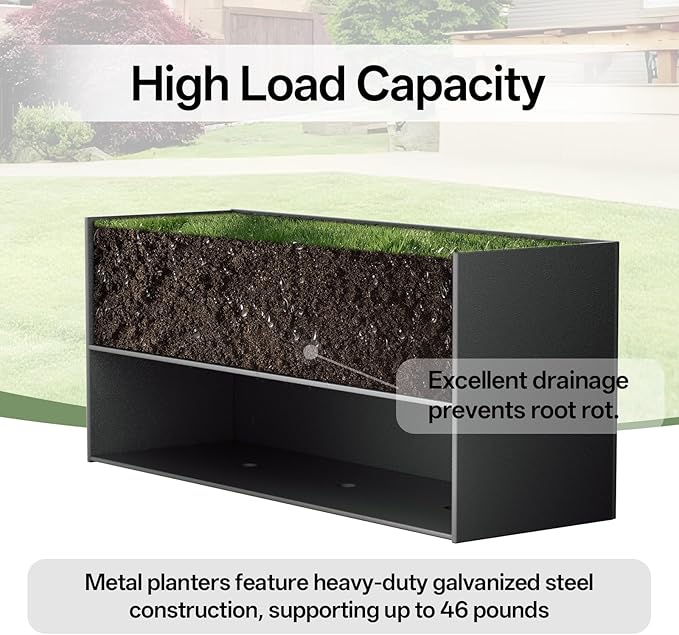 Metal Planter Box 36" x 12"x 16",Heavy-duty Galvanized Steel Outdoor Planter with Removable Built-in shelf and Drainage Holes,Rectangular Planter for Porches, Gardens, Patios, and Courtyards，Black