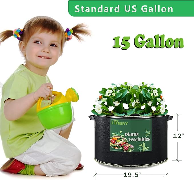 LINERY 10-Pack 15 Gallon Grow Bag Planting Black Heavy Duty Thickened Grow Bag with Handles Non-Woven Fabric Plant Pots (10-Pack 15 Gallon)