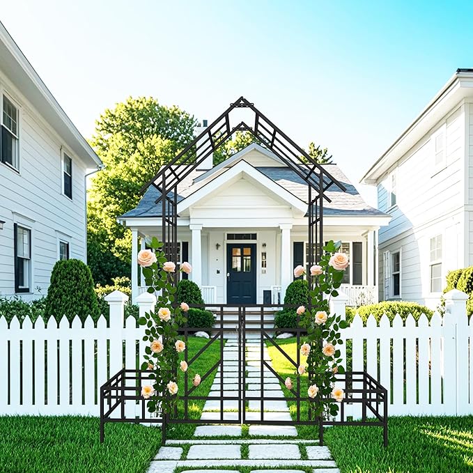 Metal Garden Arbor Arch with Gate and Plant Box, 97“ H Garden Trellis Wedding Arch Party Decoration for Outdoor Lawn Climbing Plants Support Roses Vines (Black Line)