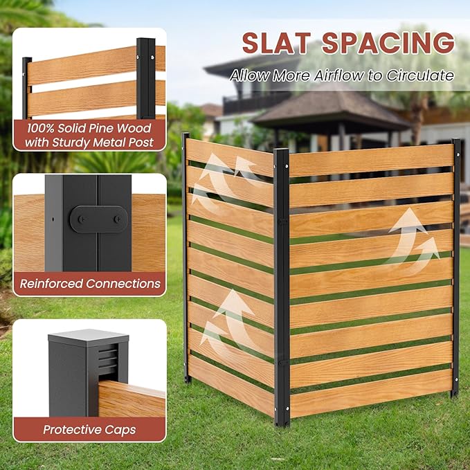 LILYPELLE 38in W x 42in H Air Conditioner Fence, 2 Panels Wood Outdoor Privacy Screen for Outside with Metal Stakes, Trash Can Pool Equipment Enclosure Panels Decorative Fences