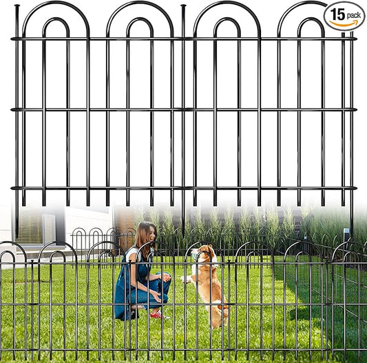 15 Panels Decorative Garden Fence, 32 in(H) X 30 ft(L) No Dig Dog Fence Outdoor for Yard, Rustproof Tall Metal Garden Fencing Animal Barrier with Ground Stakes, Temporary Fencing for Patio Outdoor