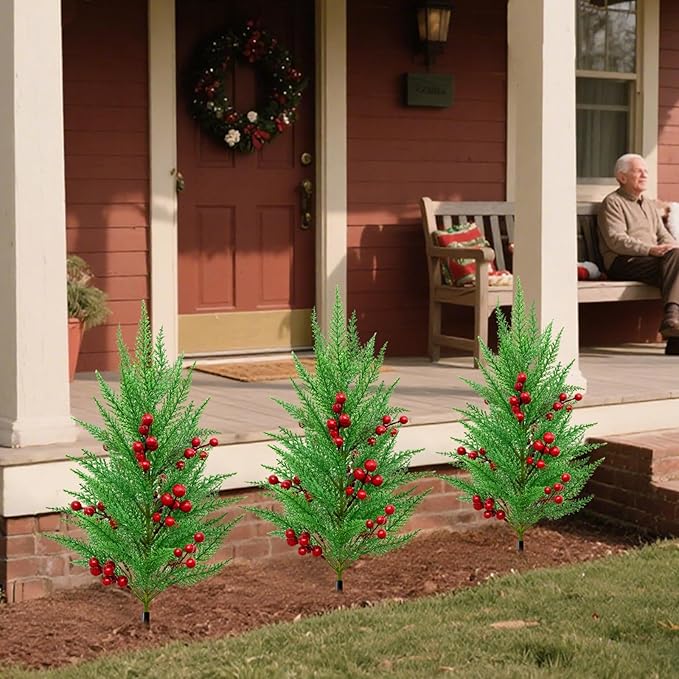 Green Pine Christmas Tree Stake Realistic Decorative Berry Artificial Plants Garden Stakes with Ground Spike (Green 2, One Size)