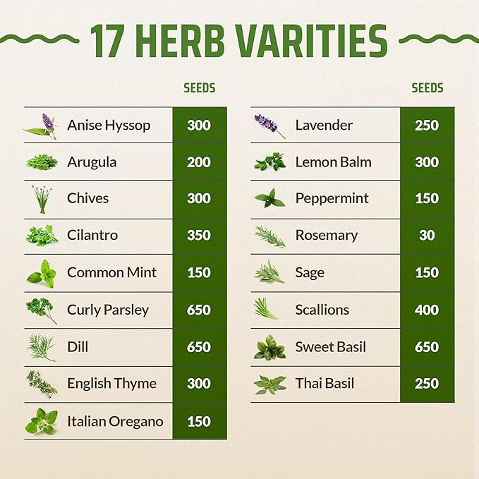 17 Herb Culinary Seed Vault – 5200+ Heirloom Seeds for Indoor/Outdoor or Hydroponic Gardens – High Germination | Cilantro, Mint, Chives, Basil, Parsley & More