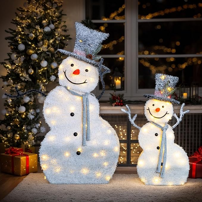 VINGLI 5ft Set of 2 Lighted Snowman Christmas Decorations, 2D Tinsel Snowmen with Top Hats, 80 Warm White LED Lights, Indoor Outdoor Xmas Yard Lawn Porch Holiday Decor