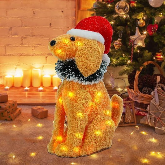 Christmas Lighted Dog Decoration Pre-lit 3D Glittered Fluffy Puppy Battery Operated Lighted Up Sitting Ornament Outdoor Indoor Christmas Decoration for Home Lawn Yard Garden Display