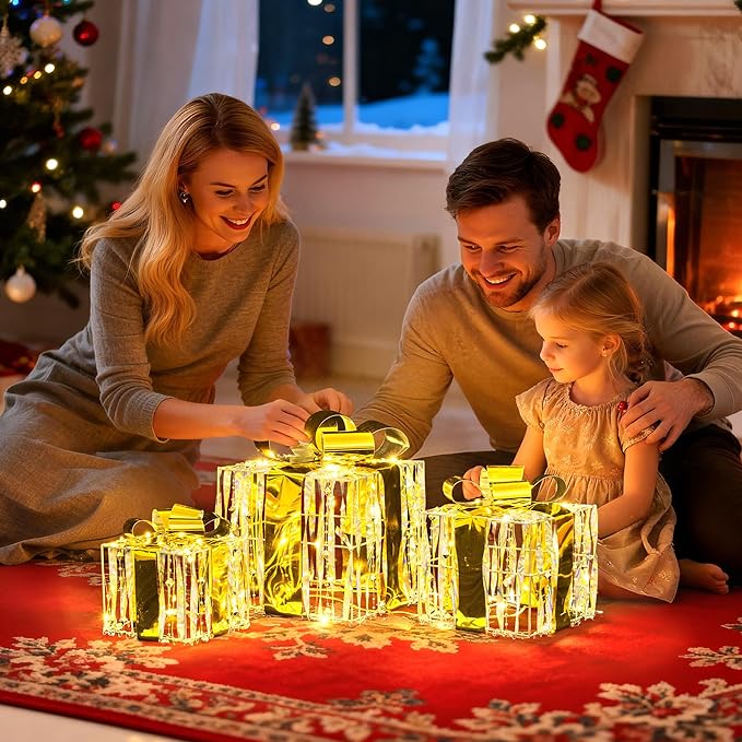 Set of 3 Christmas Lighted Gift Boxes,Outdoor Indoor Christmas Decorations,Plug-in 65 LED Light Up Present Boxes for Christmas Trees Indoor Outdoor Home Yard Lawn Holiday Birthday Party Decor