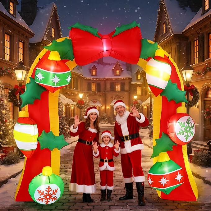 Leyndo 8FT Bow Christmas Inflatable Arch Archway Outdoor Decorations with LED Lights Built-in Giant Inflatable Bow Christmas Arch Blow up Yard Decorations for Outside Garden Lawn Holiday Party Decor