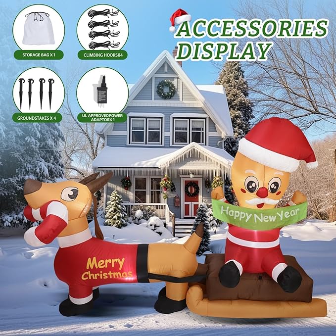7FT L Animated Christmas Inflatable Santa on Sleigh with Dachshund, Lovely Christmas Blow up Dog Sledding with Build-in LED Lights Indoor Outdoor Party Decoration