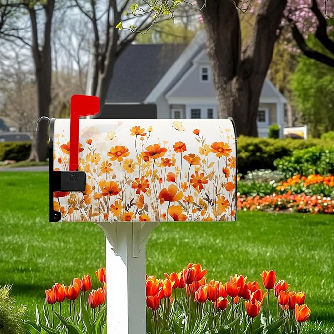 Orange Floral Mailbox Cover Fall Mailbox Covers Magnetic Standard Size 21x18 inch Autumn Beautiful Flower Post Letter Box Cover Mail Box Decorations for Outside Garden