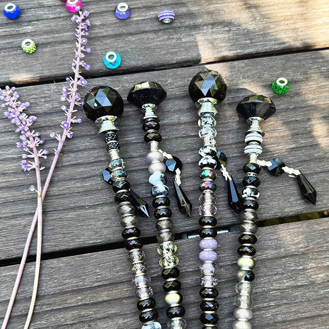 Exway 100 PCS DIY Fairy Wand Beaded Garden Stake Beads Kits with Black Large Hole Beads 4 Crystal Stopper Top Threaded Rods and 4 Black Sparkling Crystal Pendants for Outdoor Indoor Decor