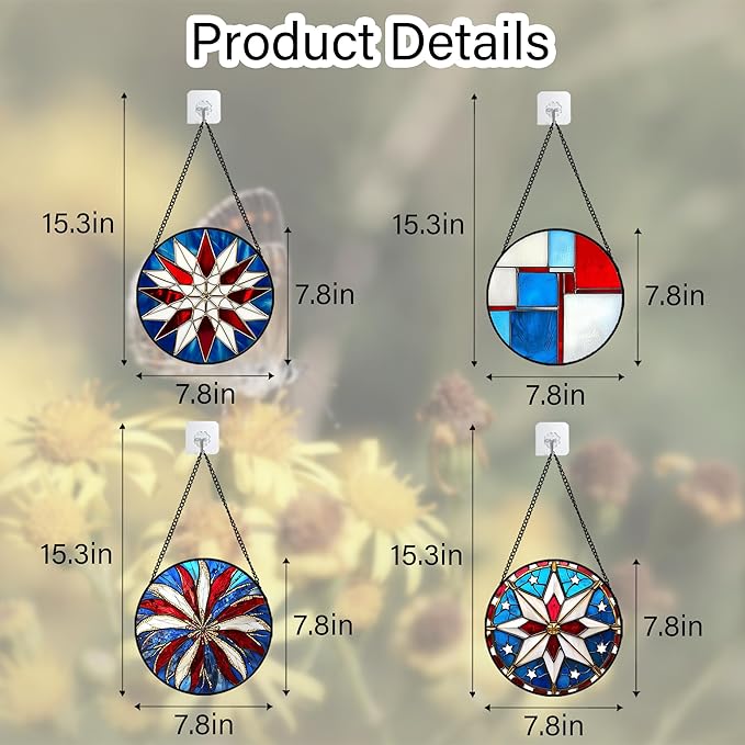 Stained Glass Window Hanging 4 Pcs Set Abstract Flowers in Red White Blue 7.8" - Suncatcher Door Garden Sun Catcher Decor Birthday Mother's Day Xmas Gift for Mom Woman Nana Men Parents