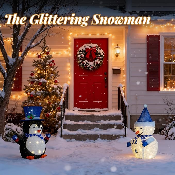VINGLI 2 Pack 28 Inch Lighted Snowman Penguin Christmas Decorations, Prelit LED Outdoor Indoor Yard Lawn Garden Pathway Front Porch Home Holiday Winter Xmas Christmas Party Decor Display Set