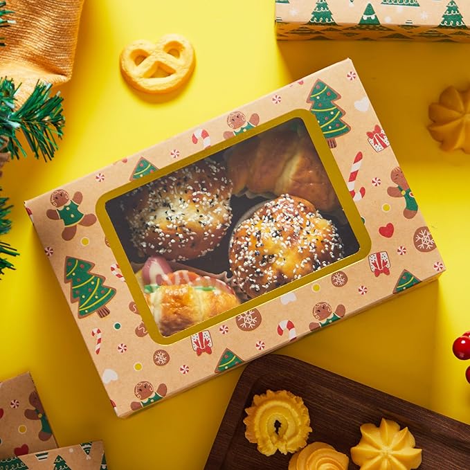 JOYIN 24 PCS Foiled Christmas Cookie Boxes for Gift Giving, 8.75" x 5.75" x 2.75” Bakery Boxes with Window, 3 Design Brown Kraft Cardboard Treat Box for Xmas Holiday Pastries Cupcakes Doughnut Wrap