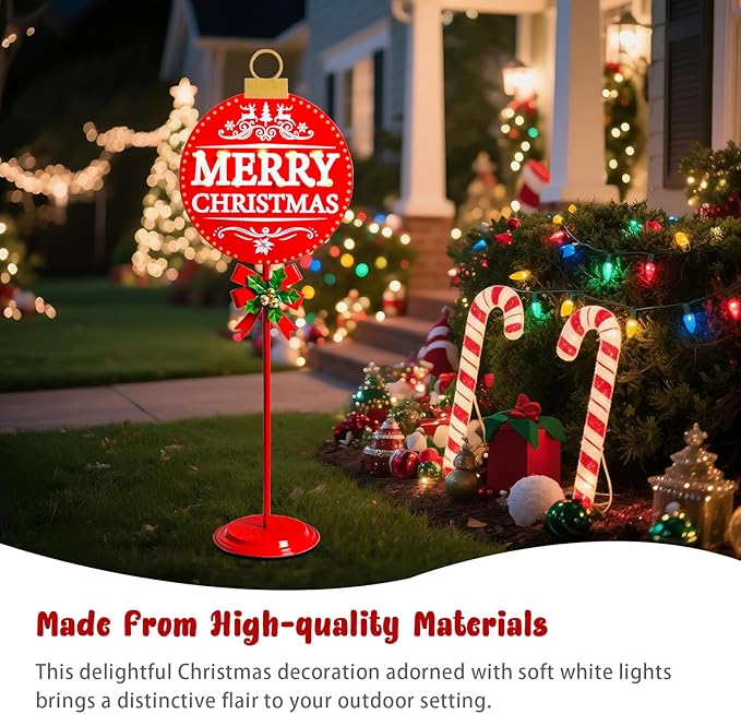 Vigdur Merry Christmas Sign - 34" Lighted Metal Holiday Ball Decoration Battery Operated with Timer, Christmas Yard Decorations for Indoor Outdoor Yard Lawn Party Holiday Décor