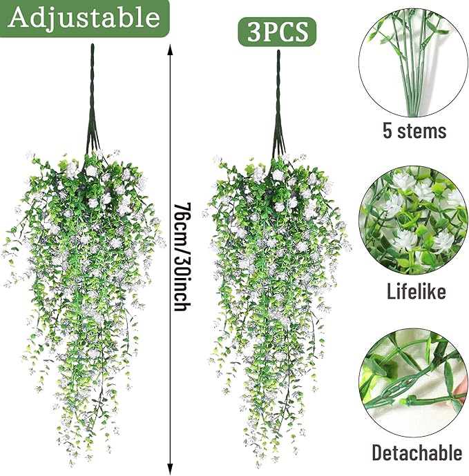 Artificial Hanging Flowers, 3 Pcs Fake Hanging Plants Artificial Vines for Outdoors, Fake Ivy Vine UV Resistant No Fade Faux Plants for Indoor Outside Garden Patio Yard Greenery Decoration (White)
