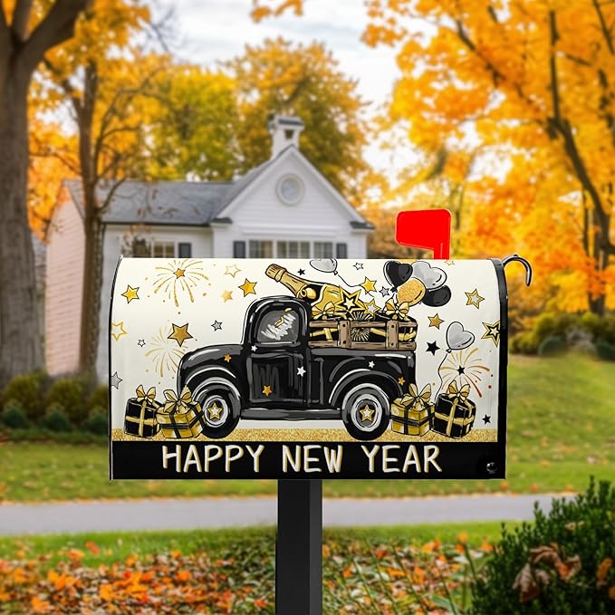 Happy New Year Mailbox Cover Magnetic Standard Size 21x18 Black Truck Mailbox Covers for Winter Holiday Garden Yard Outdoor Decoration