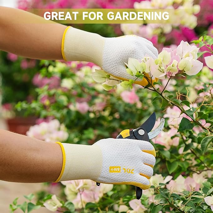 JDL Gardening Gloves for Women, 2 Pairs Breathable Latex Coated Yard Garden Gloves, Rubber Outdoor Protective Work Gloves with Grip, Yellow, Small Size