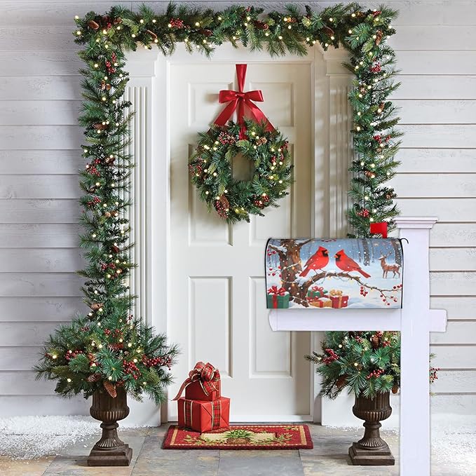 Christmas Cardinal Mailbox Cover, Xmas Winter Snow Scene Waterproof 21" Lx 18" W Magnet Mailboxes Cover, Standard Size Wraps Post Letter Box Case for Garden Yard Outdoor Decor