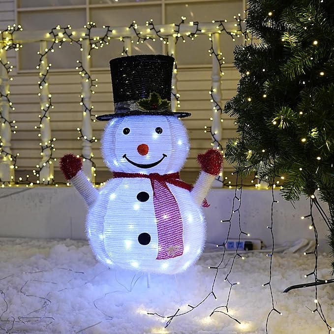 Dazzle Bright Christmas Snowman Decorations, 3FT Pre-Lit 48 LED Lighted Collapsible Snowman with Black Hat, Pop Up Snowman with Metal Stand for Indoor Outdoor Xmas Garden Yard Home Party Decor