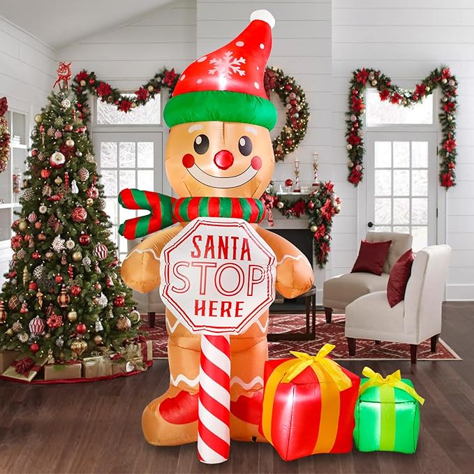 Vipush 7.2 FT Santa Stop Here Sign Christmas Inflatable The Gingerbread Man with LED Lights for Christmas Decorations Indoor Outdoor Yard Lawn Holiday Garden Decorations