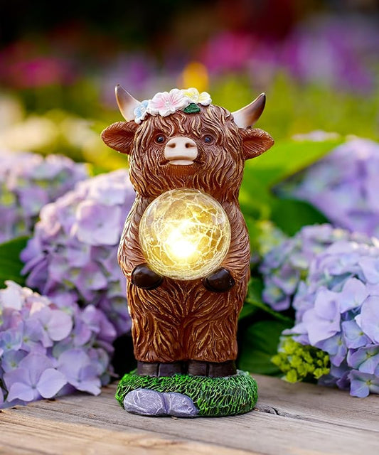 Solar Highland Cow Outdoor Decor:Garden Statue Sculpture Lamp with Ball for Yard Lawn Balcony Patio Porch- Birthday Gifts for Mom Women Grandma(Brown)