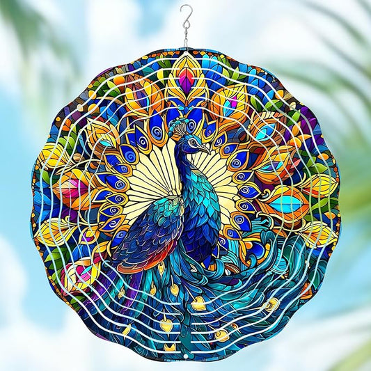 Peacock Wind Spinners Outdoor, Peacock Gifts for Women Wife Mom Grandma, Hanging Wind Spinners for Christmas Thanksgiving, 12 inch Outdoor Indoor Hanging Ornament for Garden Porch Backyard