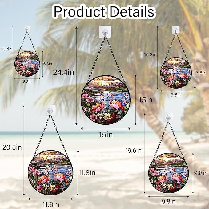 Stained Glass Window Hanging - Flamingo Wildflowers Landscape Suncatcher for Door Terrace Garden Home Decor Sunset Lake Sun Catcher Birthday Gifts for Lovers Women Men Dad Mom Nana 7.8 in