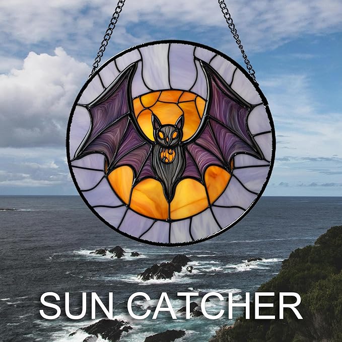 Stained Glass Window Hanging Halloween Black Purple Bat Monster Moon 6.3" - Suncatcher Door Garden Sun Catcher Gothic Decor Birthday Horror Funny Gift for Mom Woman Nana Friend Men