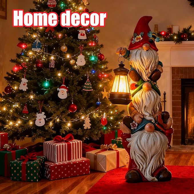 Christmas Gnome Statue with Solar Lights Garden Sculptures Funny Triple Gnome Outdoor Patio Lawn Yard Balcony Home Decor Birthday Gift for Woman Grandma 12 in Garden Gnome