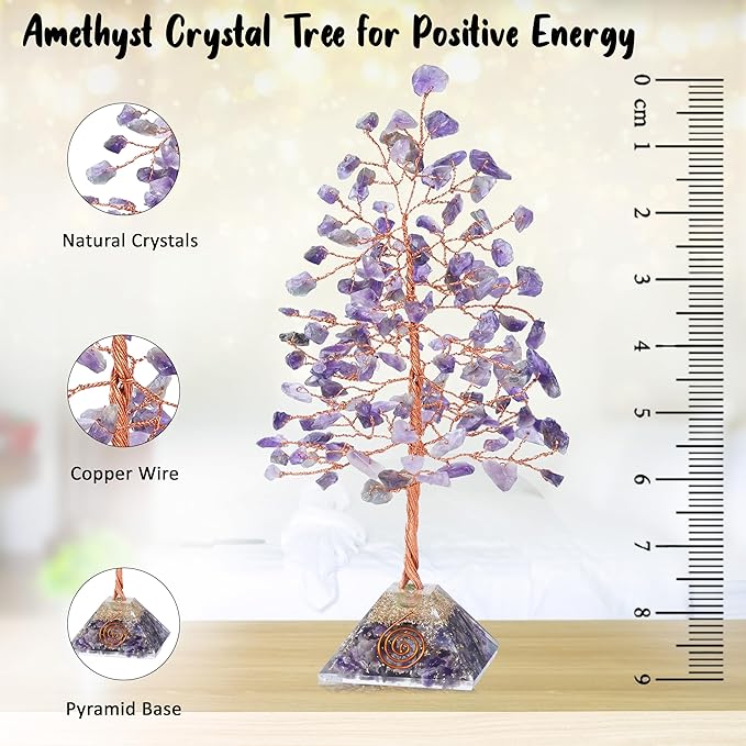 Amethyst Crystal Tree with Orgone Pyramid Base Desk Decor Healing Crystals Bonsai Tree Purple Gifts for Women Office & Shelf Home Room Decor for Mom Sister Girlfriend Present Housewarming