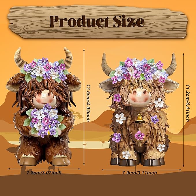 2 Pcs Highland Cow Figurines Lilacs Highland Cow Gnomes Lilacs Decor Resin Statue Calf Lovers Gifts for Farmhouse Home Garden Kitchen Office Tiered Tray Table Decor