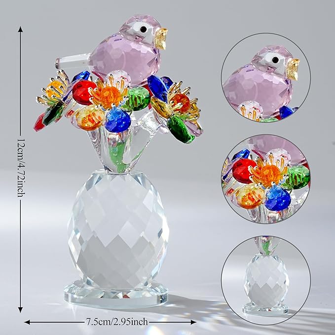 Crystal Bird & Forget-Me-Not Flower Figurine,3x4 inch Glass Flower Collectible Ornaments for Home Decor Table Centerpiece Glass Bouquet Flowers Keepsake Gifts for Women （Colorful）