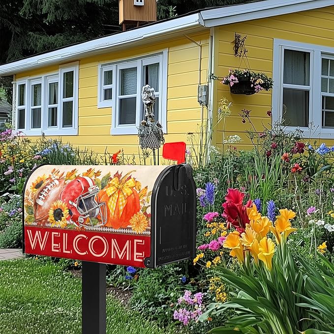 Welcome Fall Mailbox Covers Autumn Football Mail Box Cover Magnetic Standard Size 21x18 inch Sunflower Pumpkin Maple Leaf Mailbox Wraps for Outside Garden Yard
