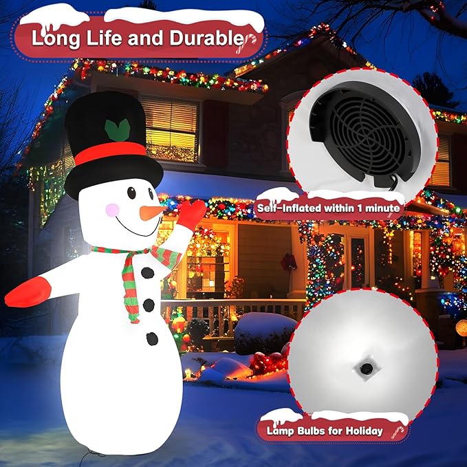 8FT Christmas Inflatable Snowman with Waving Arm & LED Lights, Blow Up Outdoor Winter Decor for Yard, Garden, Lawn, Holiday Party, Xmas Indoor Decoration