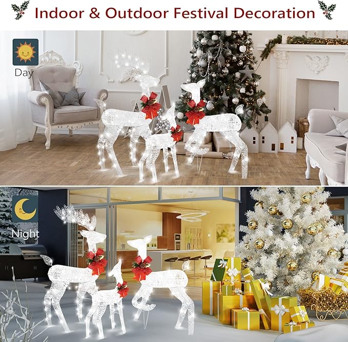 VINGLI Lighted Reindeer Christmas Decoration 3-Piece Deer Family Set for Outdoor Decor, Pre-lit 270 LED Christmas Deers for Outdoors Yard Ornament with Stakes, Zip Ties-White