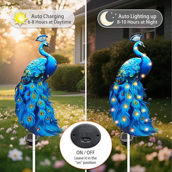 Hexagram Peacock Garden Decor, Peacock Solar Garden Stakes Set of 2, Metal Blue Waterproof Solar Decorative Lights Decorations for Outdoor Outside Yard Lawn Porch Patio Pathway 11.8x6 Inch