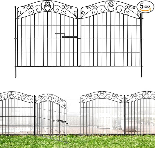 5 Panels No Dig Decorative Outdoor Garden Fence with Gate, 32 in(H) X 11.8 ft(L) Animal Barrier Fencing, Rustproof Portable Fence, Temporary Dog Fence Outdoor for Yard, Outside, Backyard